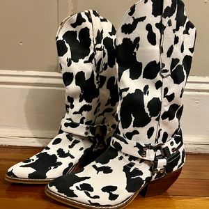 Cow print cowboy boots